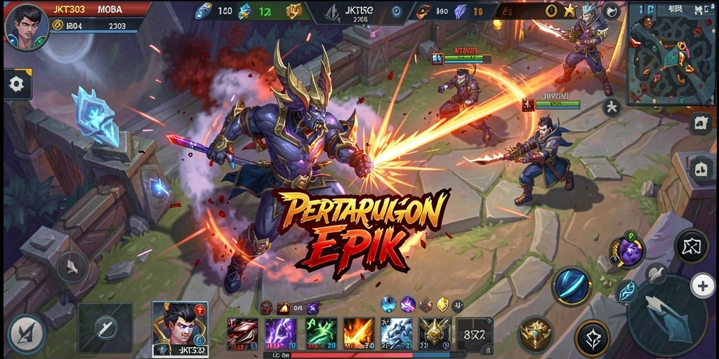 Gameplay seru JKT303 dengan pertarungan tim yang dinamis.