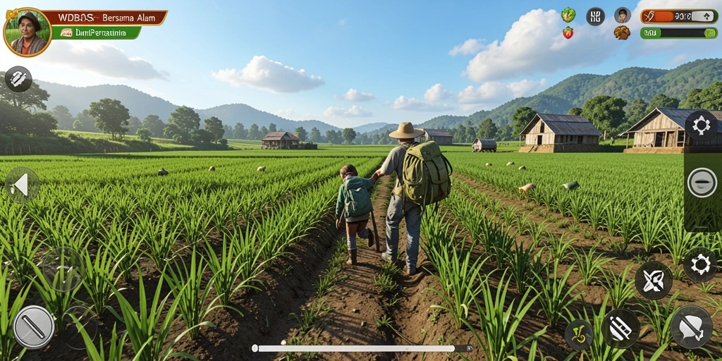 Tampilan gameplay WDBOS yang menampilkan petualangan pertanian yang seru.